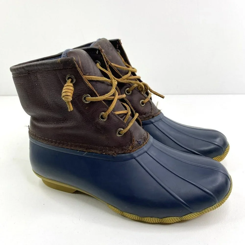 Sperry Saltwater Duck Rain Boots Leather Rubber Brown Navy Women's Size 7